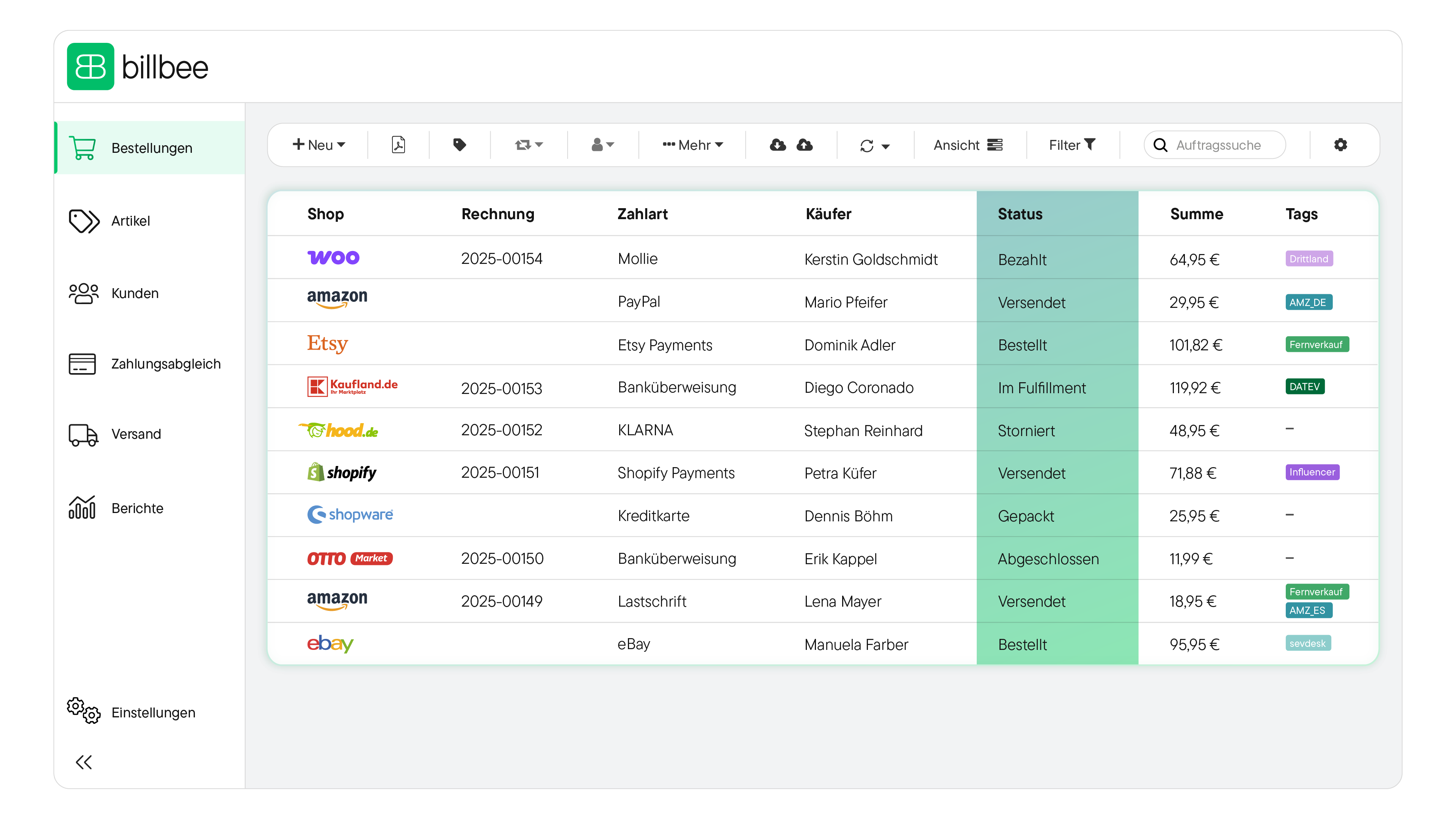 Eine Abbildung der Bestelloberfläche von Billbee mit Details zu Anbindungen.