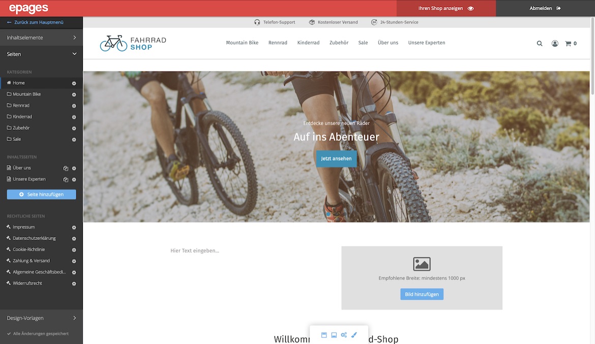 Screenshot von Online-Shop Backend, Zwei Personen fahren Mountainbikes auf einem felsigen Waldweg, Fokus auf die Fahrräder und Beine