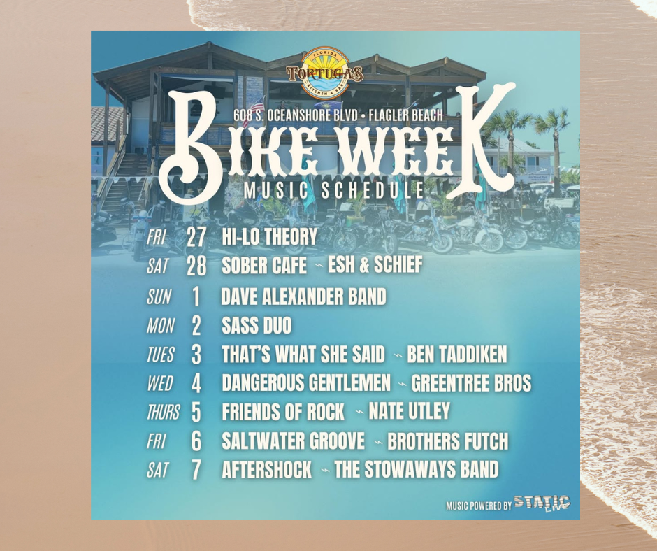 Bike Week 2026 starts Friday and we are STACKED 🔥🎶
Live music every day starting February 27 — here’s the full Tortugas lineup:
Cold drinks. Loud engines. Live music all week long • Bike Week at Tortugas 🏍️🔥🍻
Please remember we are an outdoor venue and music is subject to change with weather 🌦️