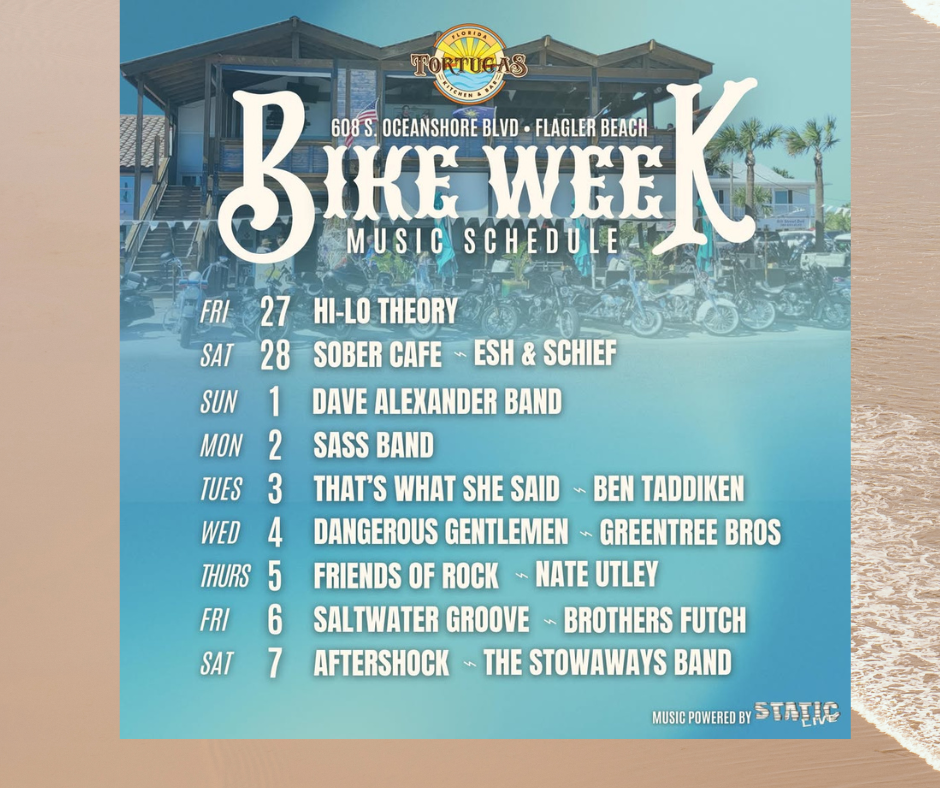 Bike Week 2026 starts Friday and we are STACKED 🔥🎶
Live music every day starting February 27 — here’s the full Tortugas lineup:
Cold drinks. Loud engines. Live music all week long • Bike Week at Tortugas 🏍️🔥🍻
Please remember we are an outdoor venue and music is subject to change with weather 🌦️