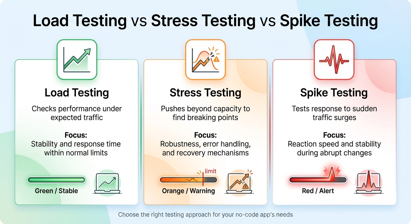 Comparison of Load Testing vs Stress Testing vs Spike Testing for No-Code Apps