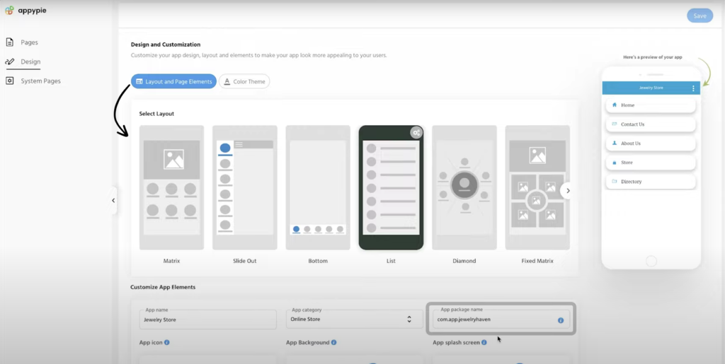 Interfaz del editor de Appy Pie
