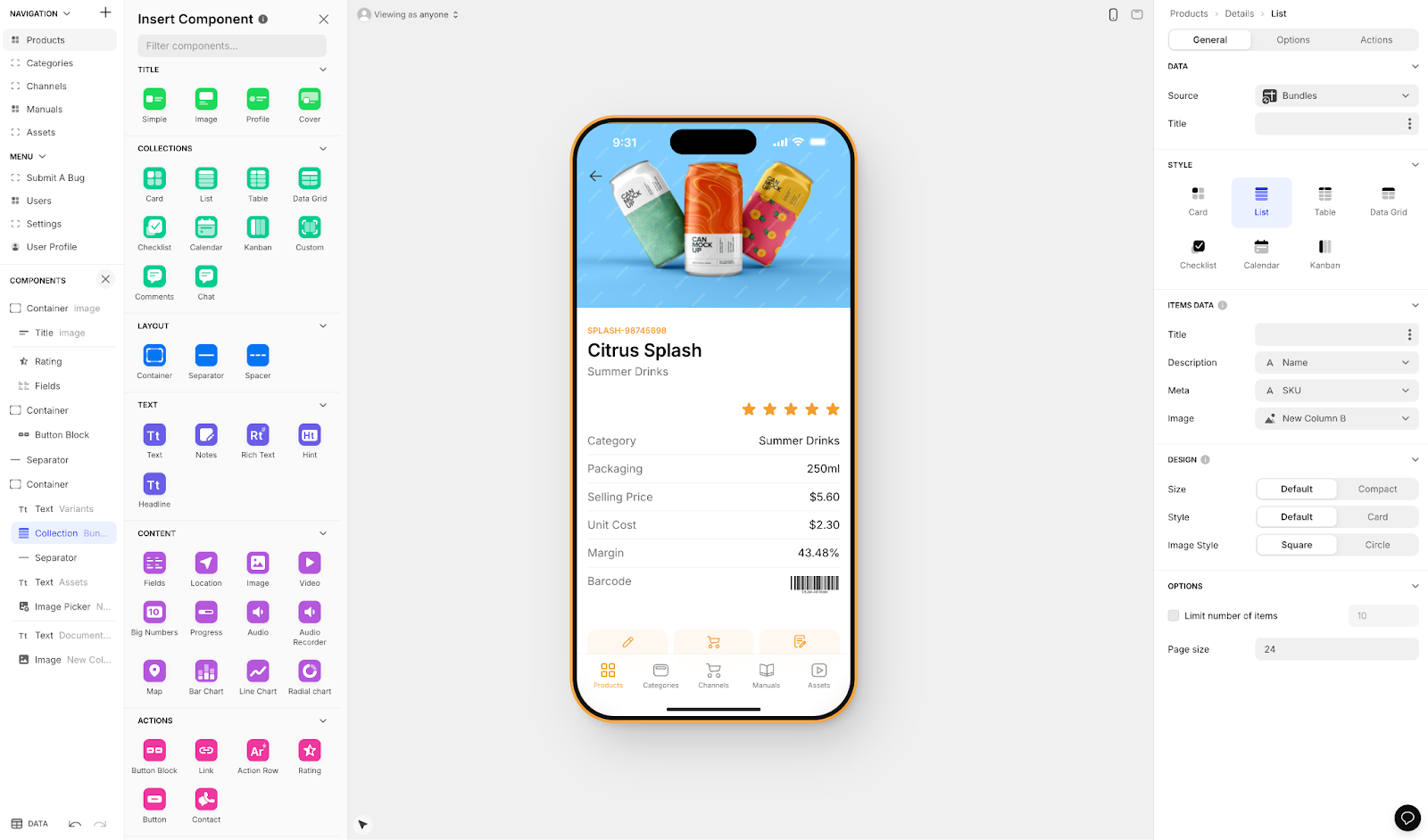 Interfaz del editor de Glide