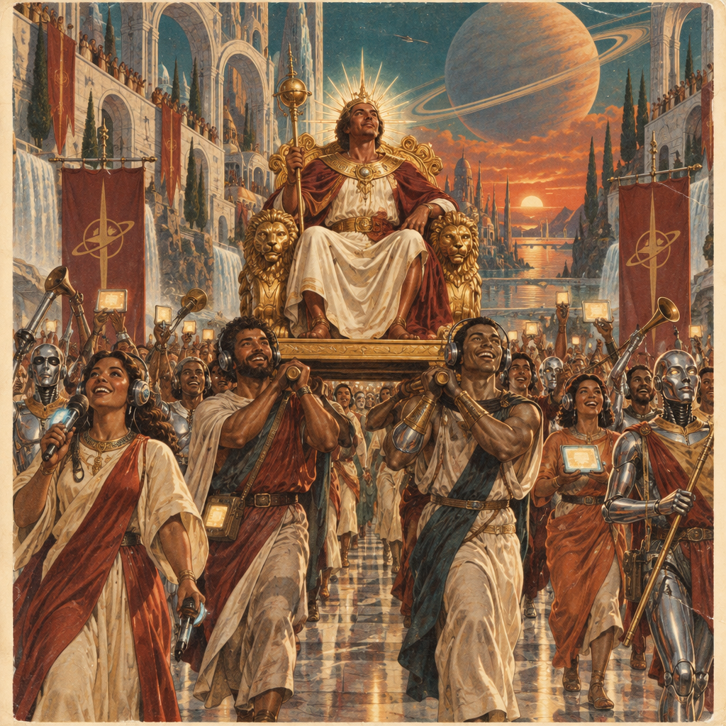 Retro sci-fi painting of a joyful crowd of streamers in headsets, holding mics and glowing screens, carrying a new king on a golden throne down a marble street beneath a ringed planet.