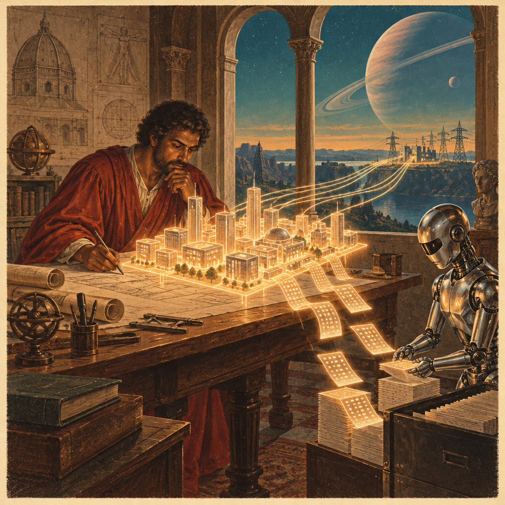 Retro sci-fi illustration of a designer at a drafting table where a glowing 3D city block floats, with lines of light running out to a substation while a chrome android files the cost reports.
