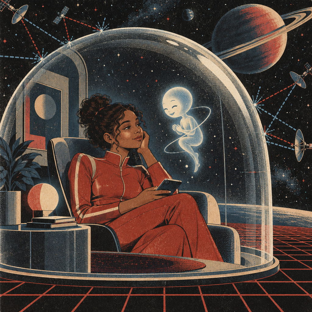 Retro sci-fi screenprint of a woman holding a phone with a small glowing AI companion, both sealed inside a glass dome.