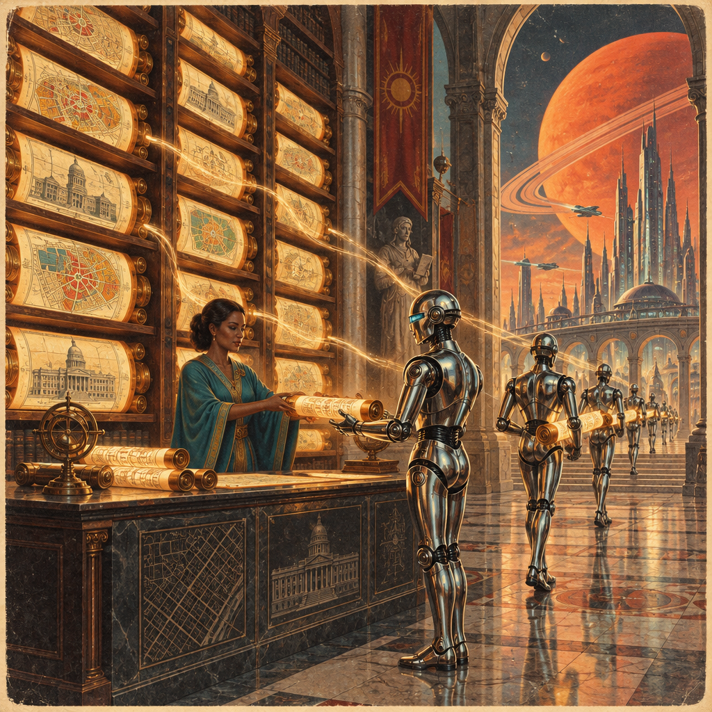 Retro sci-fi illustration of an archivist in a library of glowing city maps handing records to chrome android messengers.