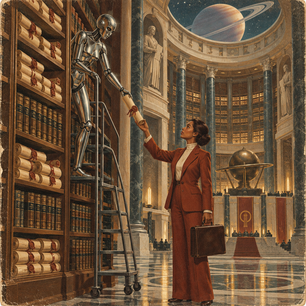 An android hands a sealed scroll to a government relations advisor in a capitol archive.