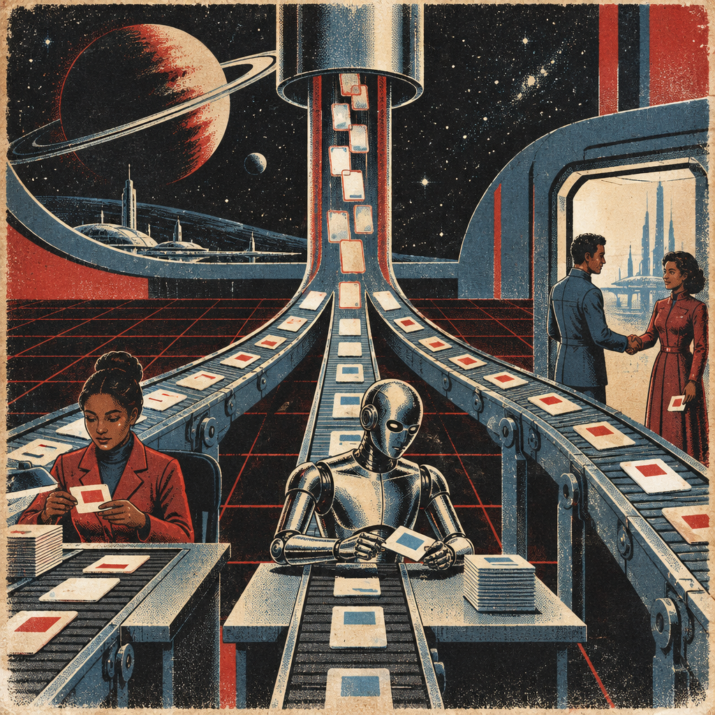 Task cards split onto three conveyor belts toward a person, an android, and partners.