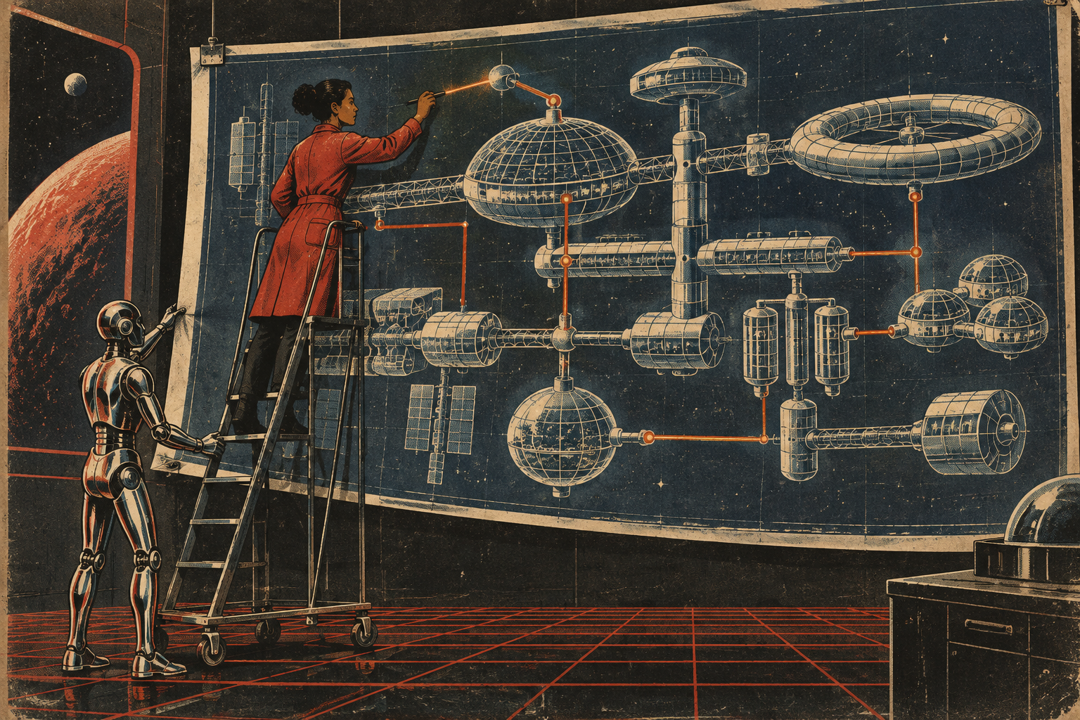 Retro sci-fi screenprint of a designer on a ladder drawing connections on a giant glowing blueprint while a chrome android holds the plans.