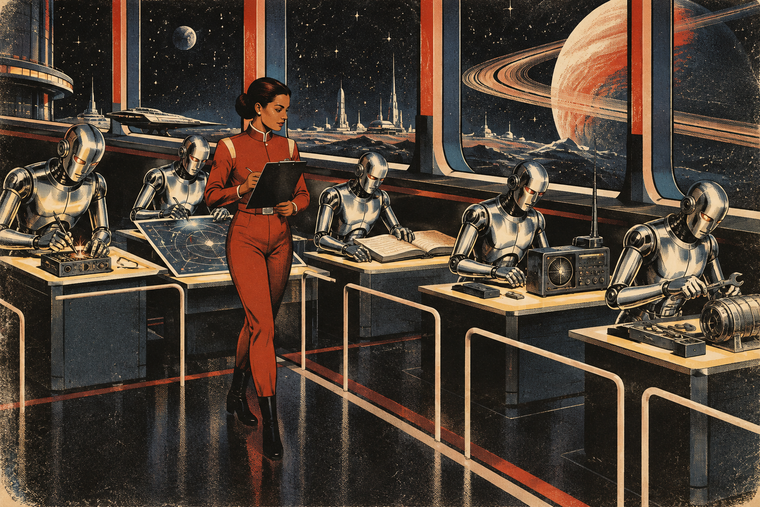 Retro sci-fi screenprint of chrome androids working at stations while a human supervisor walks the line with a clipboard.
