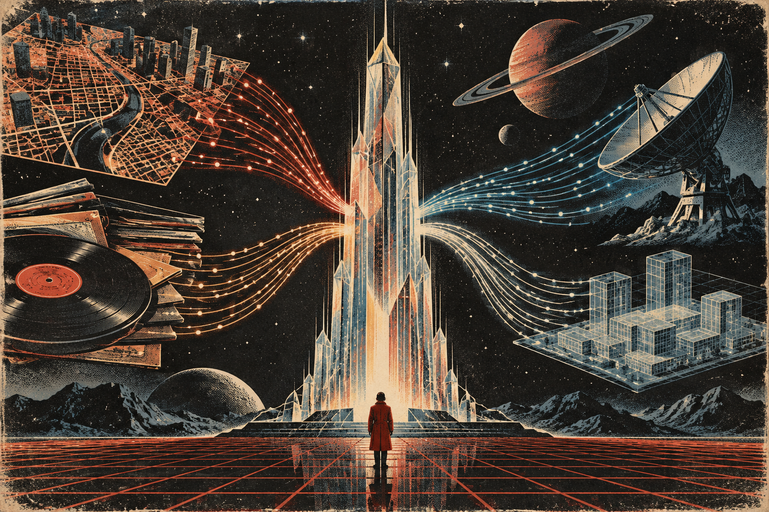 Retro sci-fi screenprint of streams of light from maps, records, a satellite dish and a 3D model converging into one glowing tower.