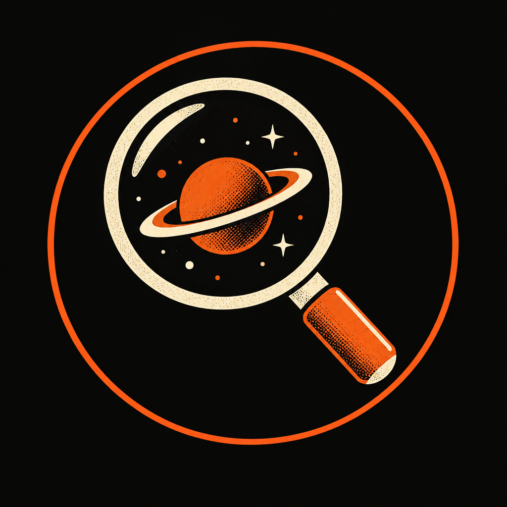 Magnifying glass over a ringed planet icon.