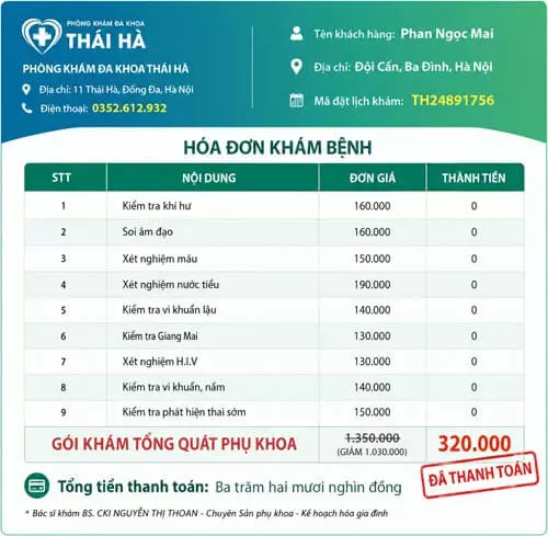 Bảng giá khám phụ khoa phòng khám Thái Hà