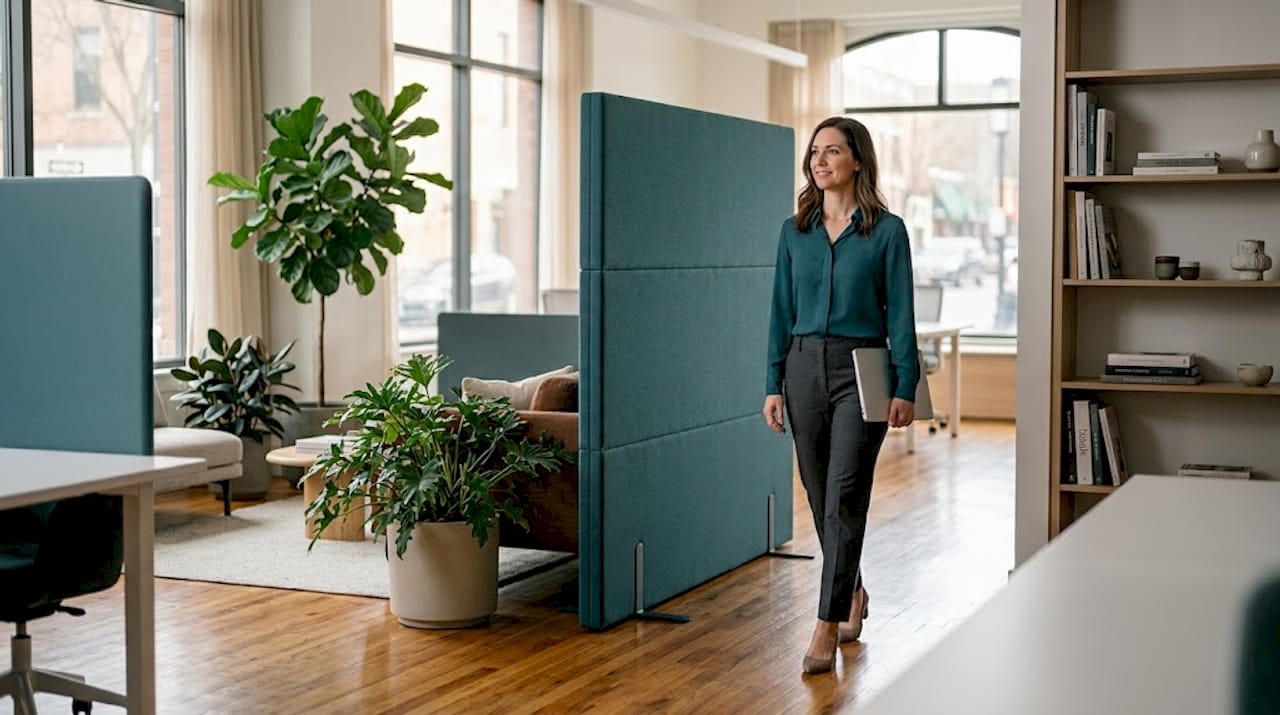Worker passing acoustic zones in office