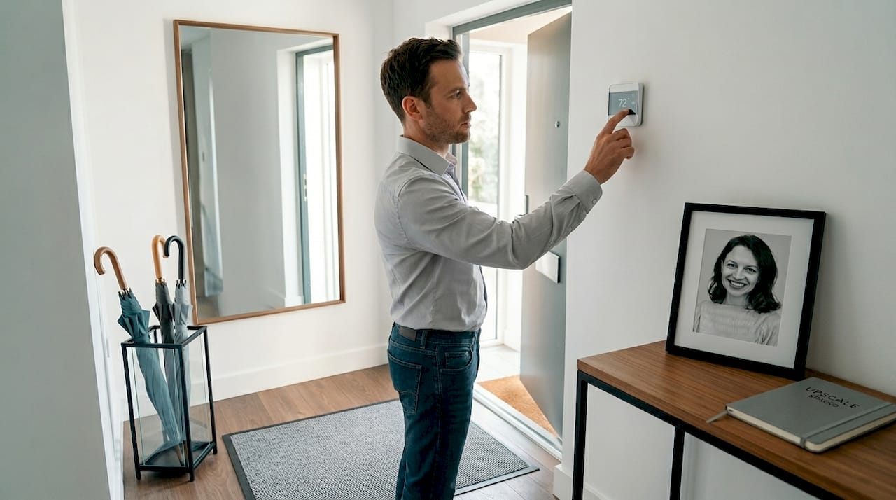 Man checking thermostat in entry foyer