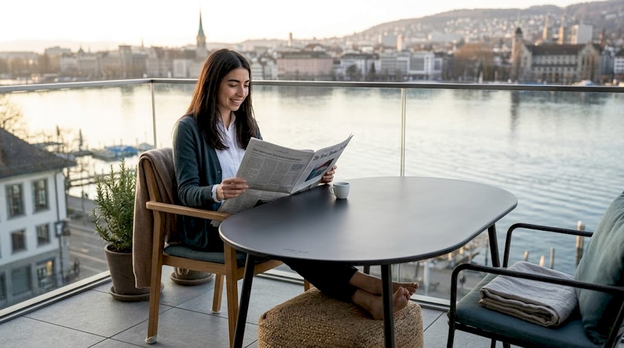 Reading on balcony with Lake Zurich view