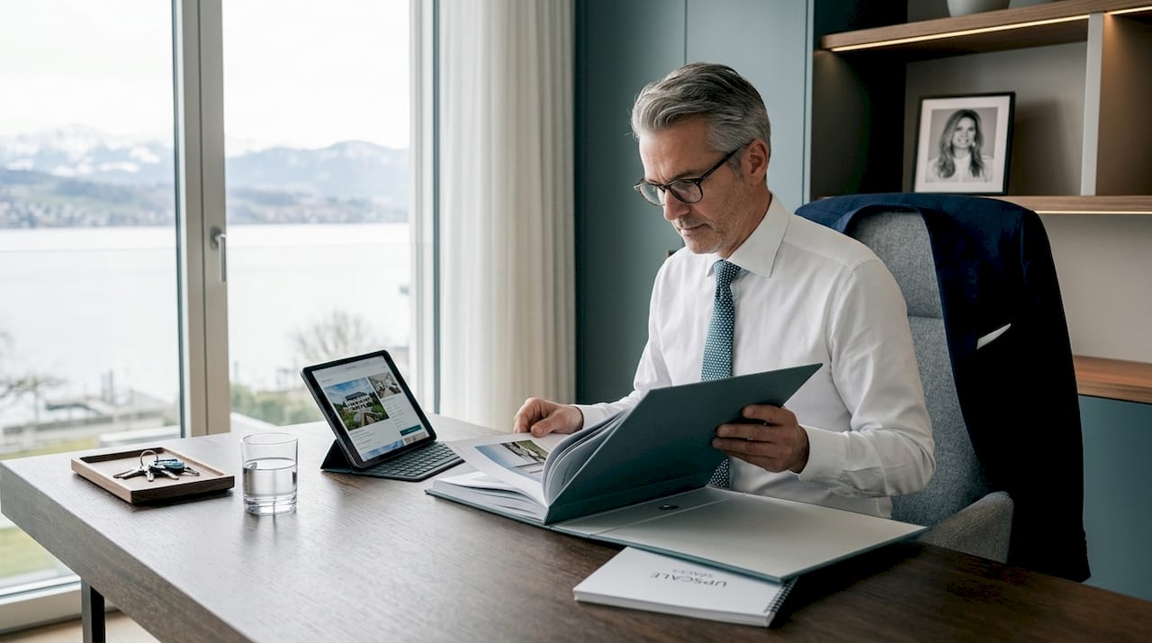 Real estate agent reviewing Wollerau property listings