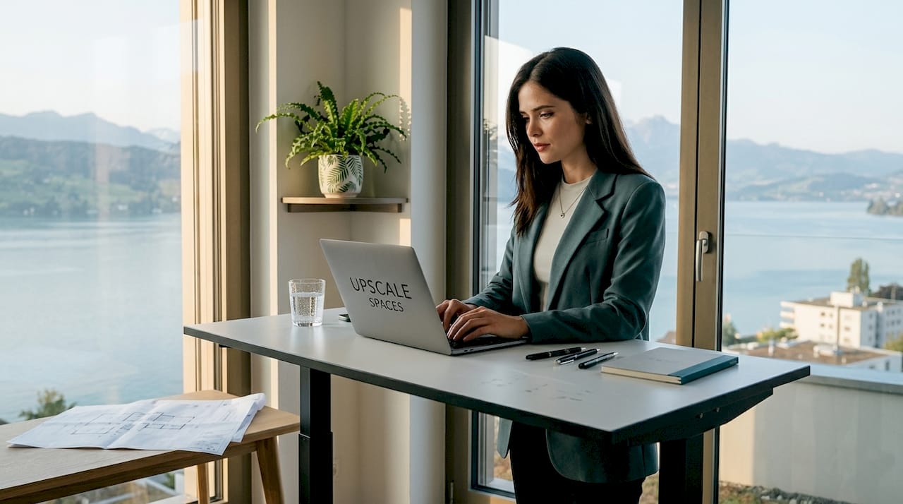 Modern office interior overlooking Lake Lucerne