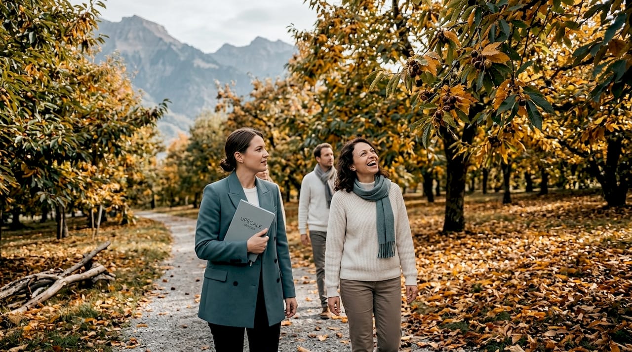 Visitors walking path in Kastanienbaum chestnut grove