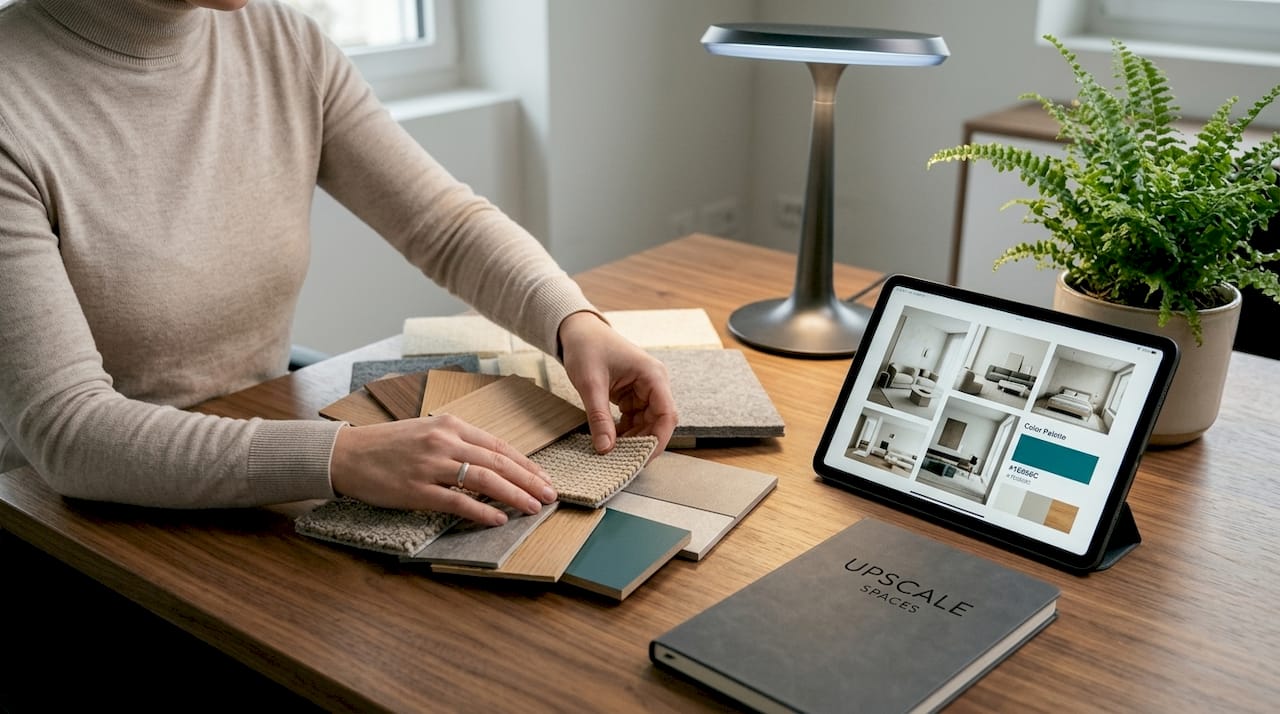 Hands arranging Swiss office interior material samples
