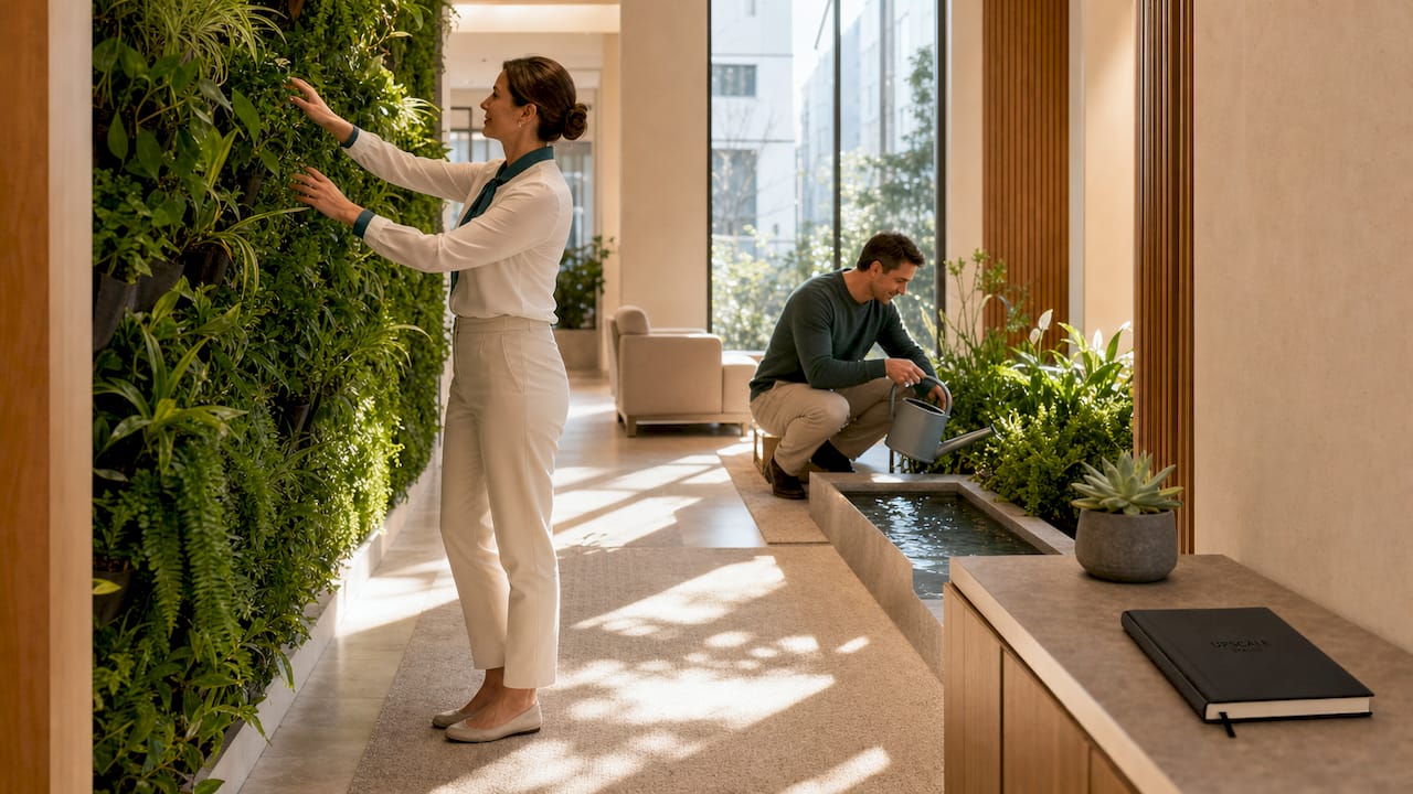 Employees tending plants in biophilic office space