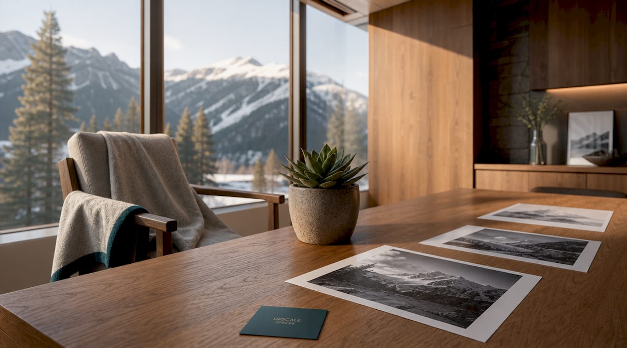 Alpine executive office with natural materials and art
