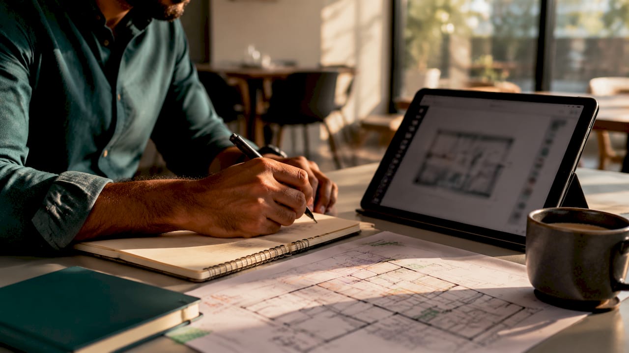 Hands working with floor plans and digital tools