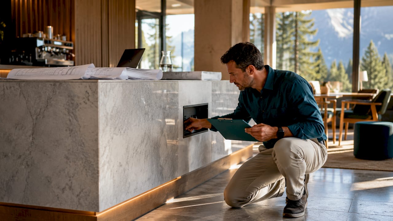 Facility manager inspecting marble reception counter
