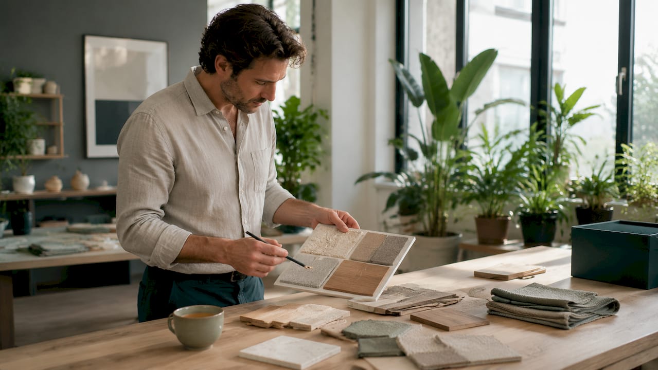 Interior designer reviewing organic material samples in Zug