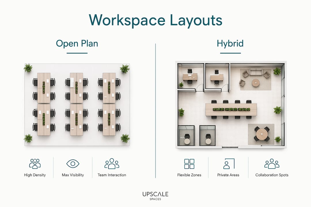 Infographic comparing open plan and hybrid workspace layouts