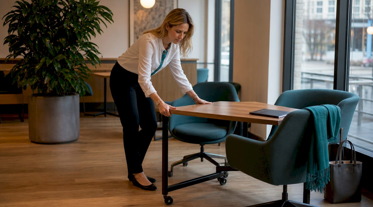Employee rearranging modular office furniture