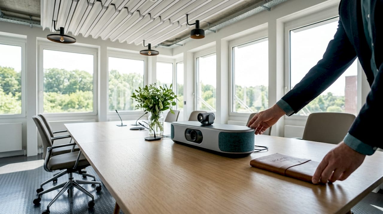 Modern hybrid meeting table with tech integration