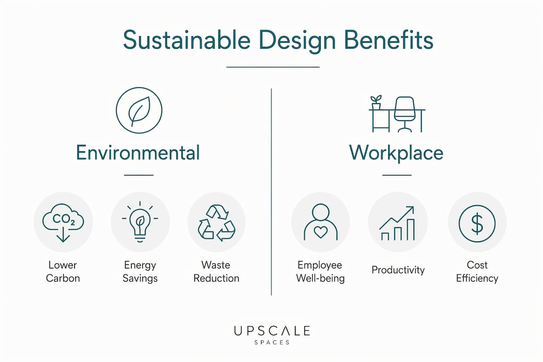 Infographic comparing environmental and workplace benefits of sustainable design