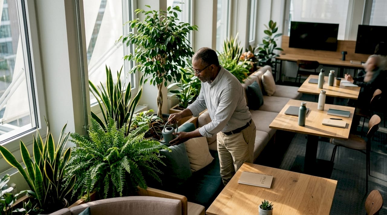 Employee watering plants in biophilic office space