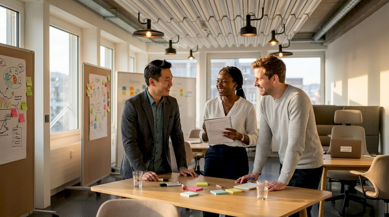 Team discussing flexible office workspace setup