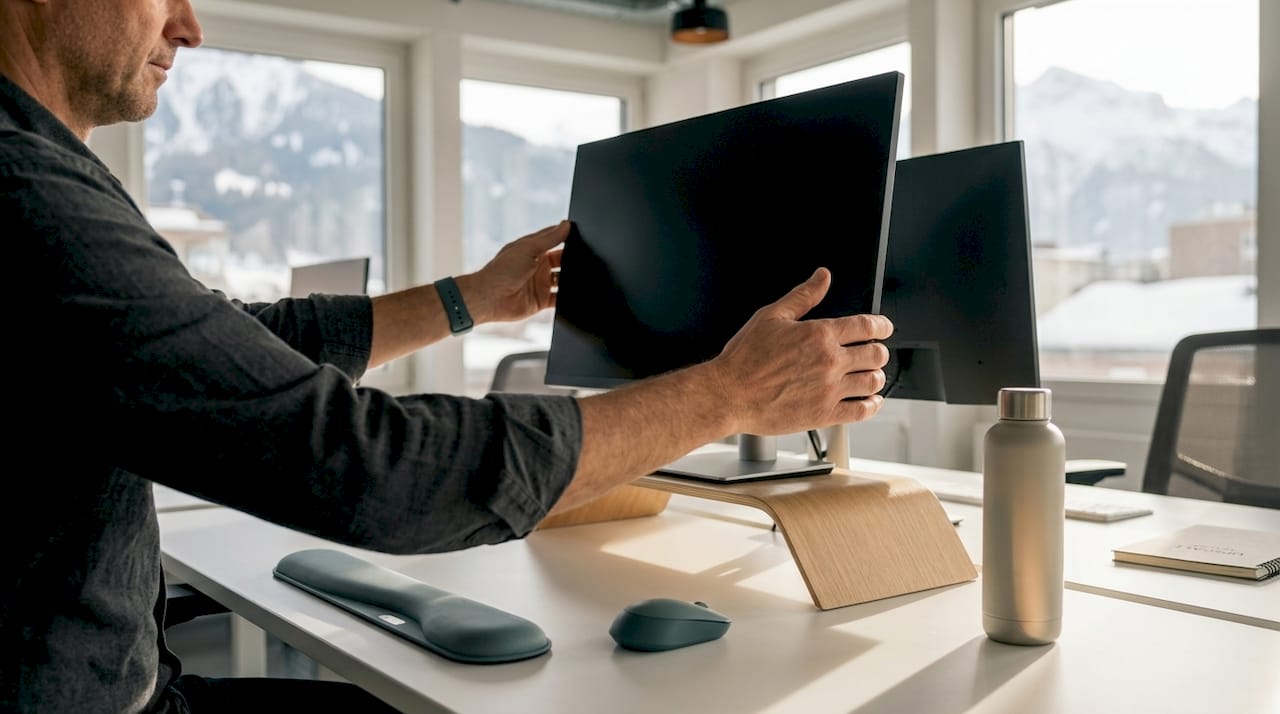 Hands adjusting ergonomic monitor height