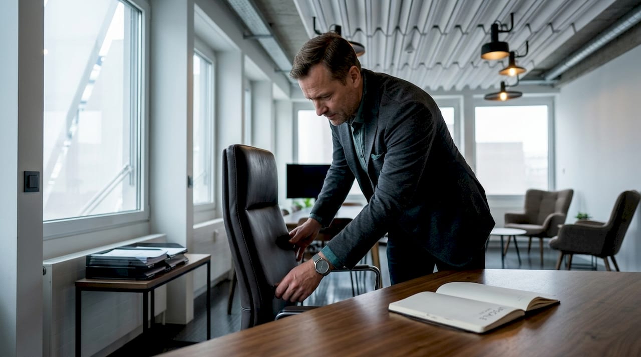 Man arranging executive office furniture