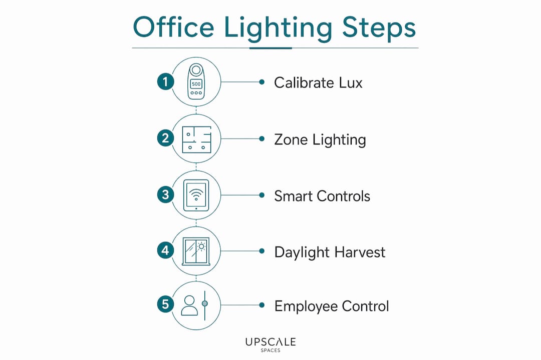Infographic illustrating office lighting key steps