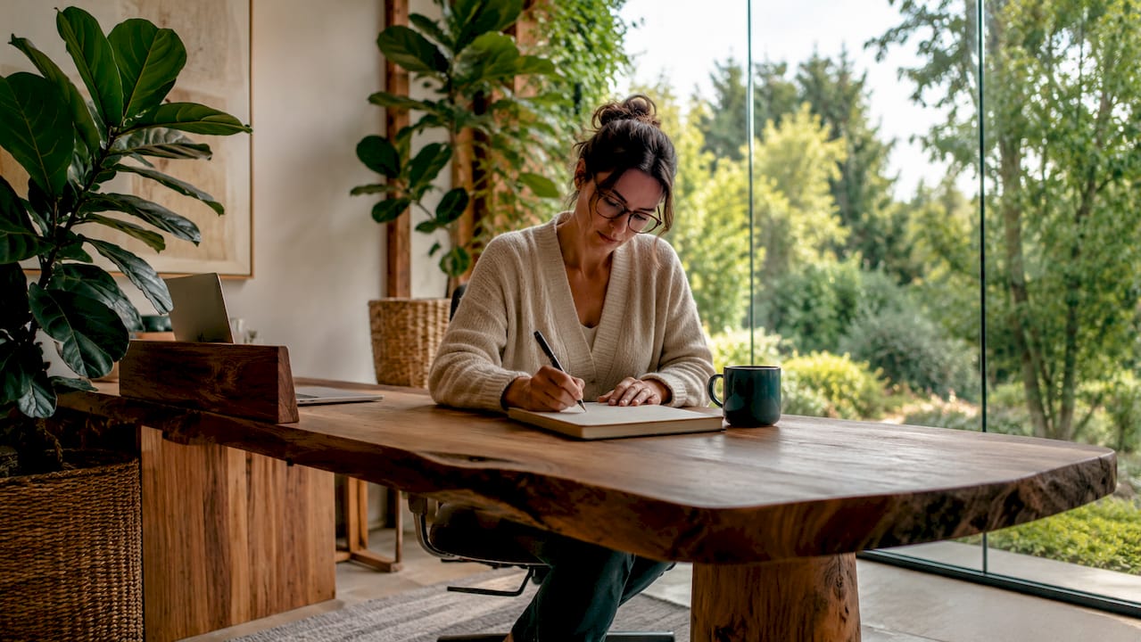 Person writing at timber desk with plants