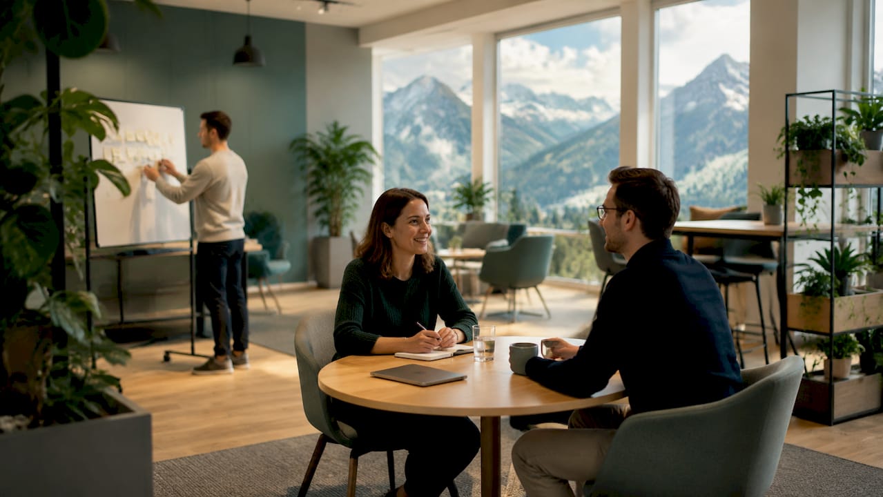 Open alpine office with natural light and people working