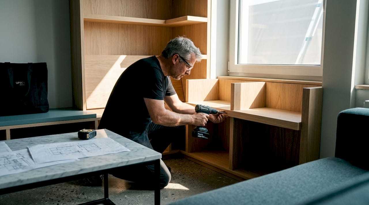 Craftsman fitting custom shelving in converted office