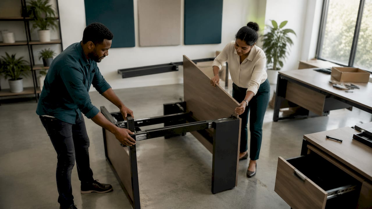 Team assembling modular office furniture