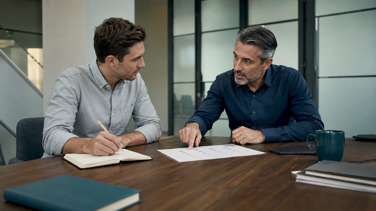 Two professionals discussing office relocation schedule