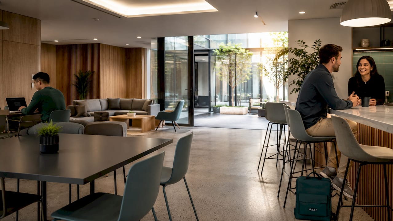 Zoned office break room with dining lounge and counters