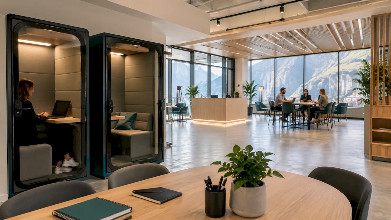 Focus pods next to collaborative zone in office