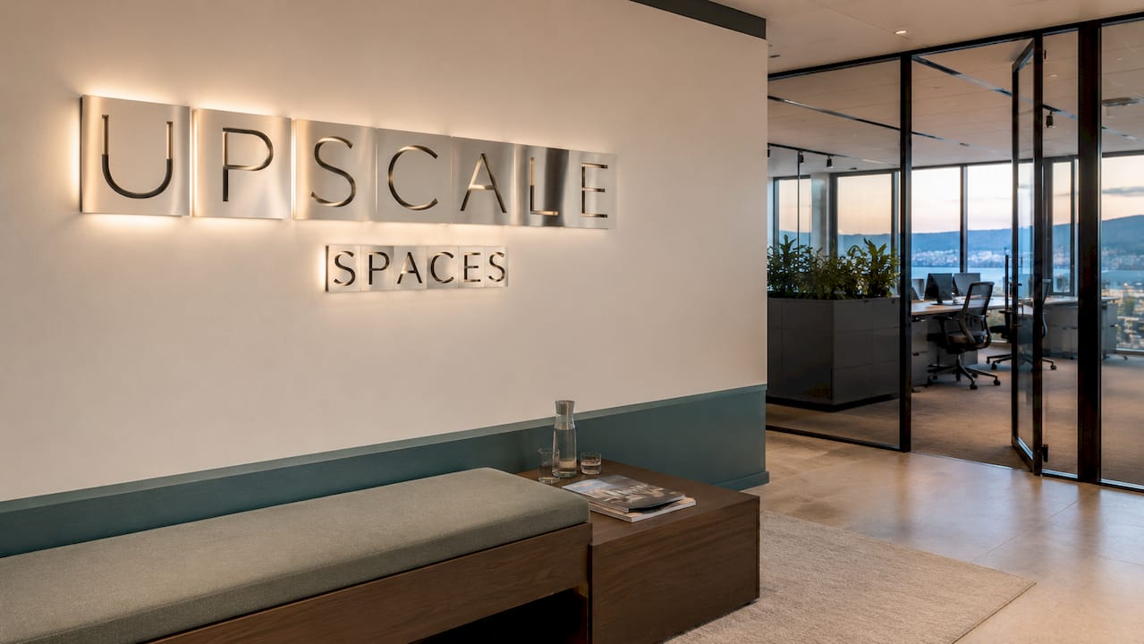 Close-up of modular office signage in reception area