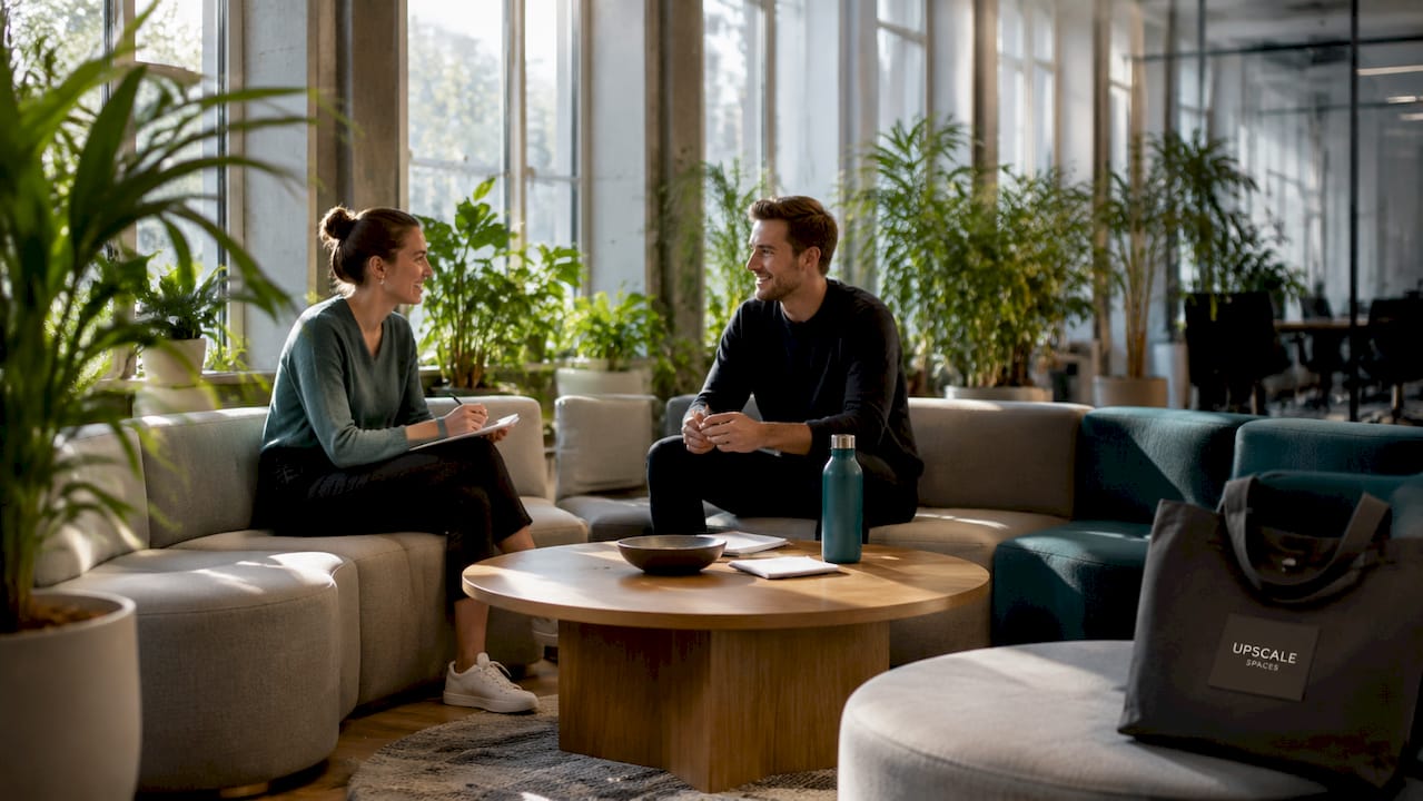 Bright ergonomic collaborative workspace with tech device