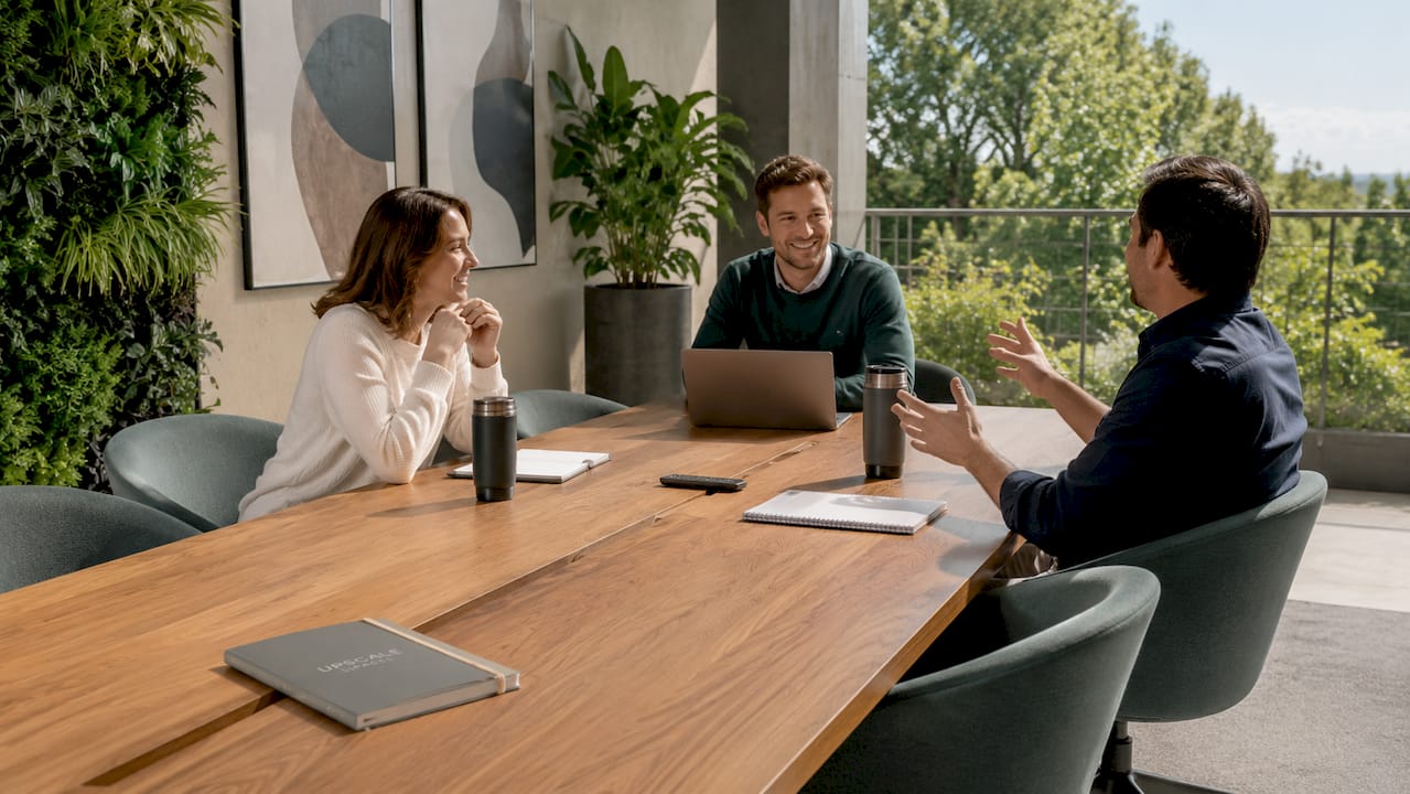 Ergonomic collaborative meeting workspace with natural light