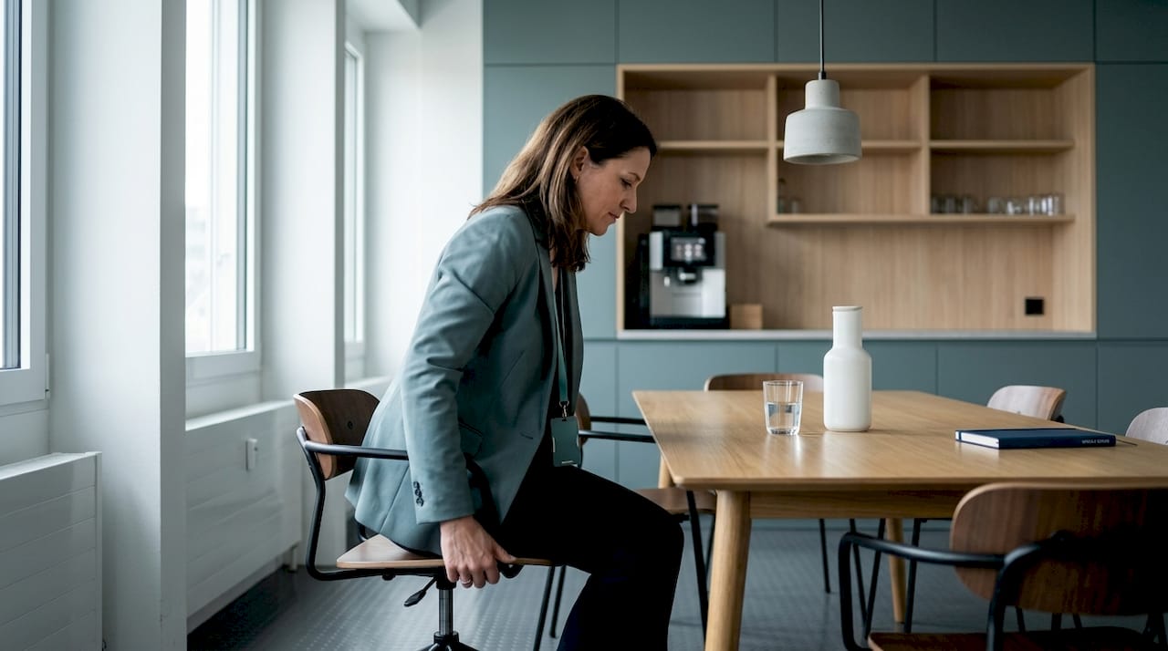 Employee adjusting ergonomic chair in office pantry
